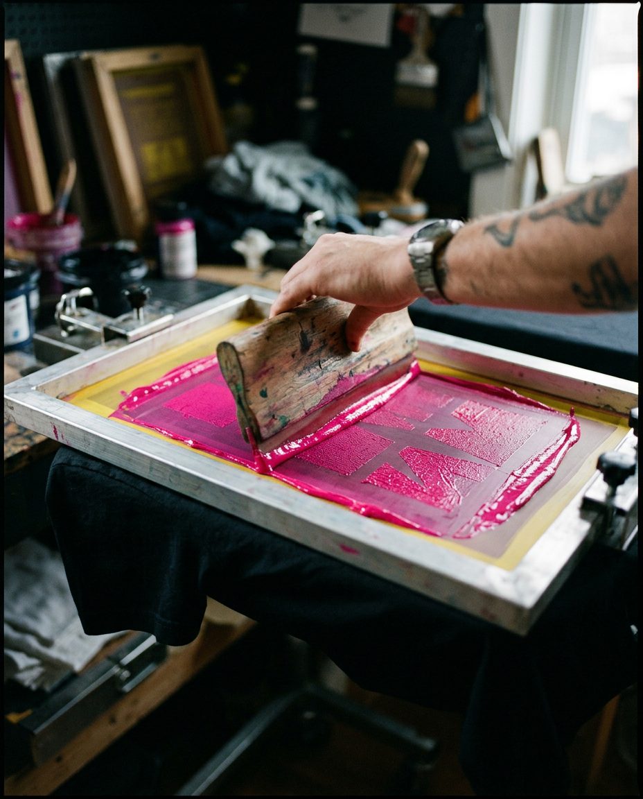 Sérigraphie à l'encre magenta sur textile
